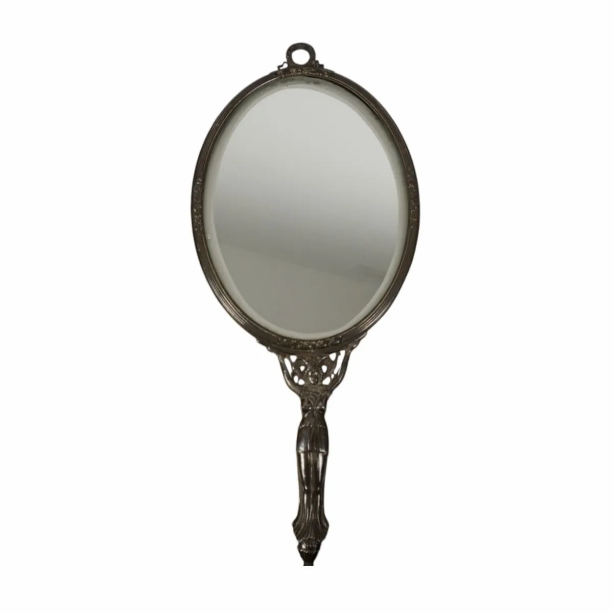 Versilberter Handspiegel mit ovaler Spiegelfläche