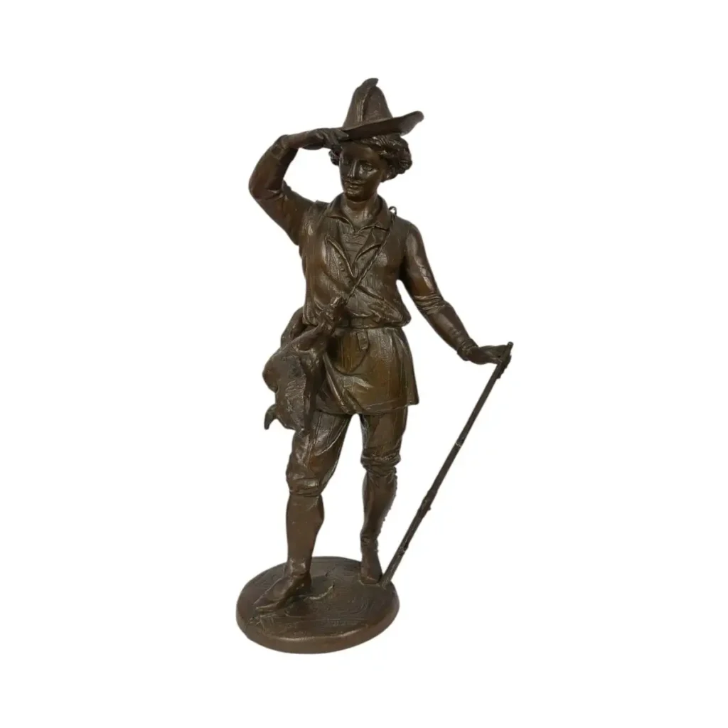 Bronzefigur Jäger mit Wild und Gewehr, 27,5 cm