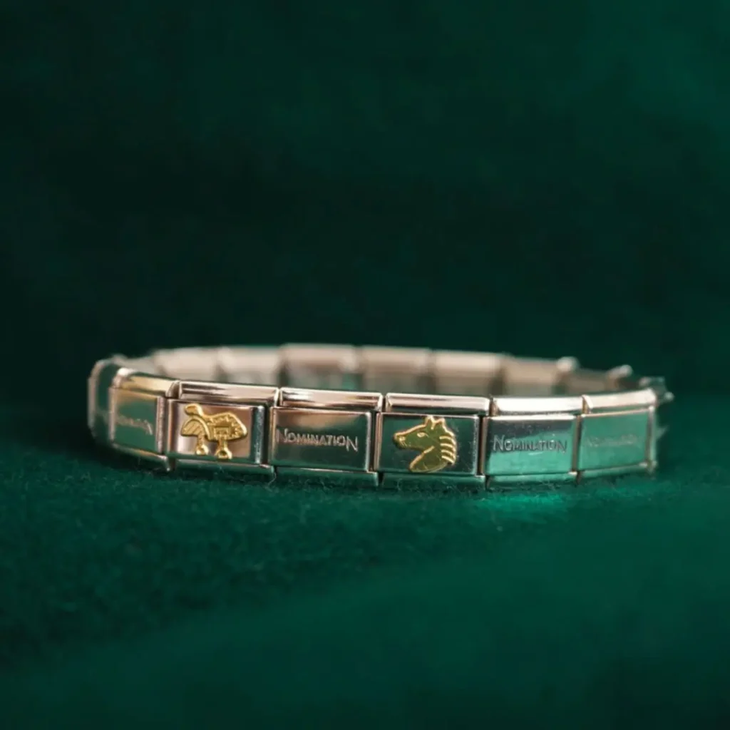 Nomination Armband Edelstahl mit Goldmotiven Pferd & Sattel