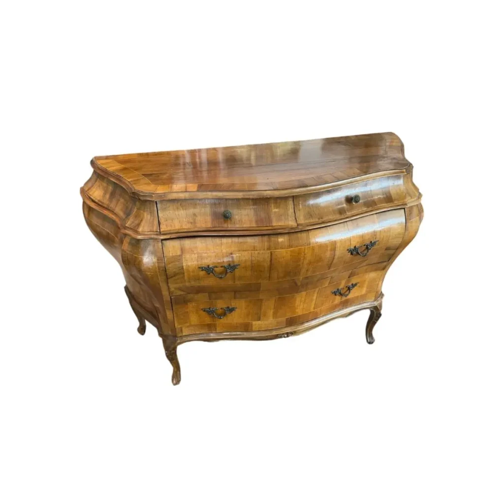 Barockstil Kommode aus Nussbaum mit Intarsien – Geschwungene Front – 127 cm