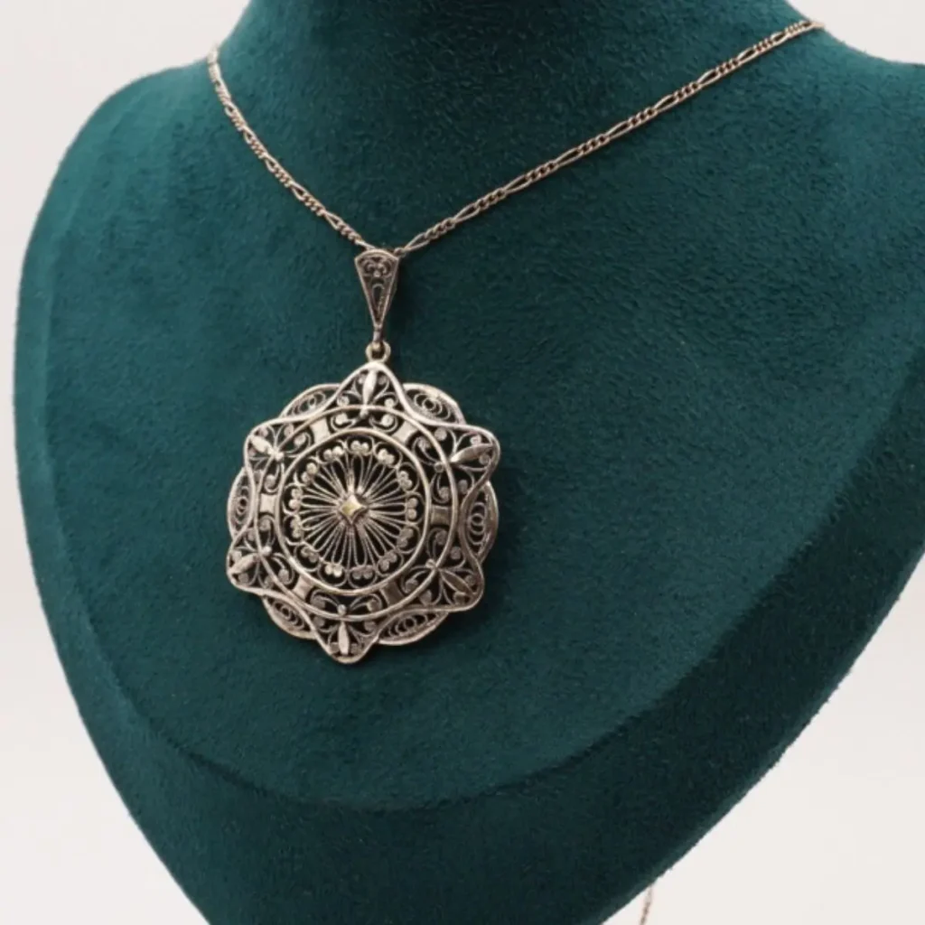 Vintage 835 Silber Filigran Anhänger Sonnenrosette mit Silberkette 6,82 g