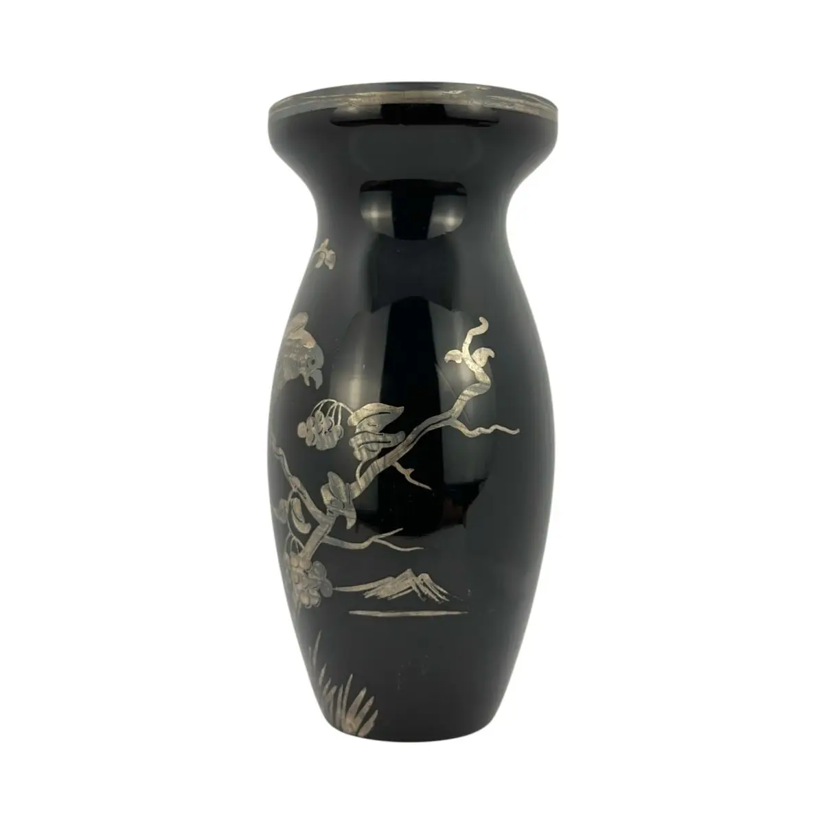 Schwarze Glasvase mit Silberdekor – Vogel- und Blumenmotiv – 23 cm