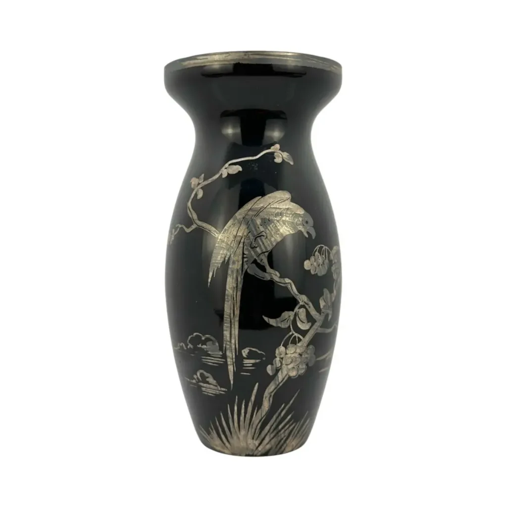 Schwarze Glasvase mit Silberdekor – Vogel- und Blumenmotiv – 23 cm