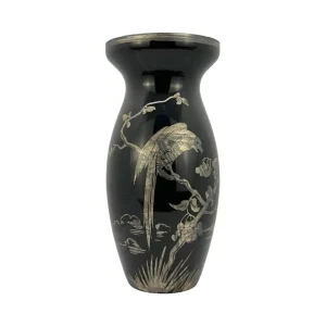 Schwarze Glasvase mit Silberdekor – Vogel- und Blumenmotiv – 23 cm