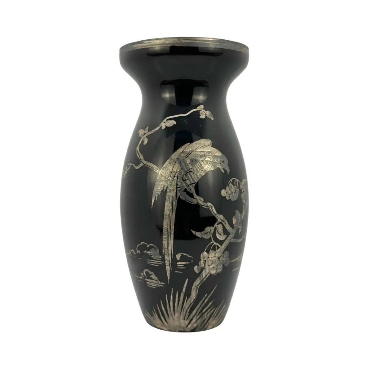 Schwarze Glasvase mit Silberdekor – Vogel- und Blumenmotiv – 23 cm