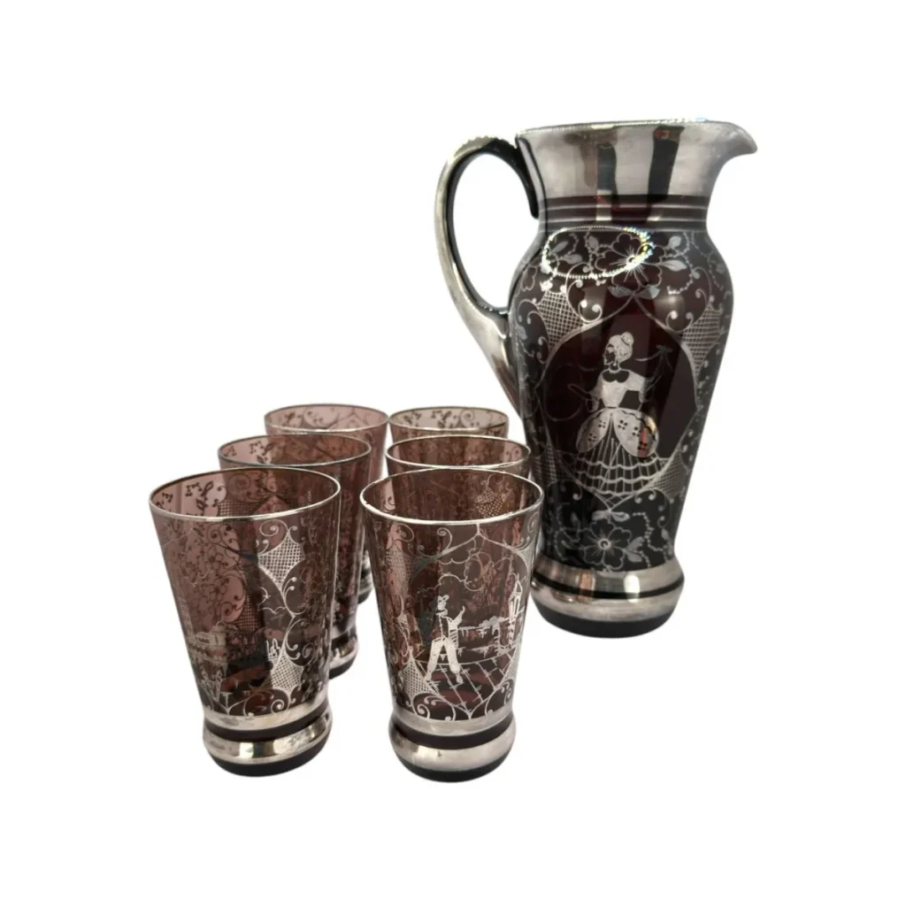 Vintage Glas Karaffe mit 6 Gläsern – Silberdekor, 7-teiliges Set