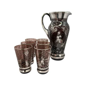 Vintage Glas Karaffe mit 6 Gläsern – Silberdekor, 7-teiliges Set